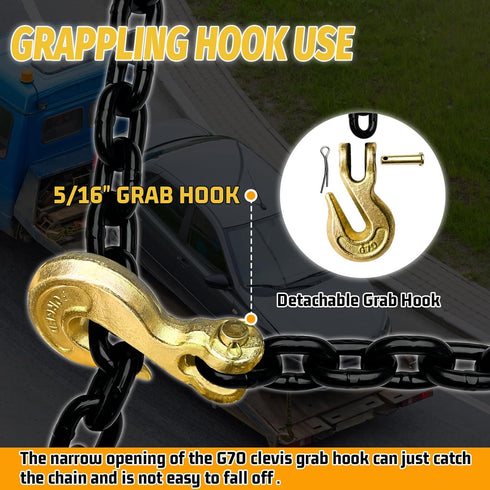 G80 5/16" Tow Chain, 15 Ft Heavy Duty Chains with Clevis Grab Hooks, 4900 Lbs Working Load Limit for Towing