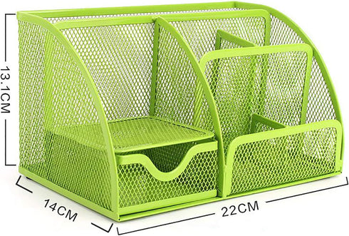VANRA Mesh Desk Organizer, Office Supply Caddy with 6 Compartments and Drawer (Green)