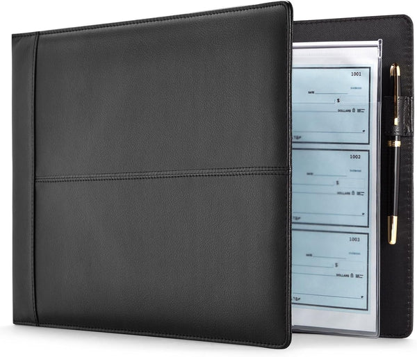 Juvale 7-Ring Business Check Binder for Checkbooks Organization, Black Faux Leather Folder for 600 Checks (14 x 10