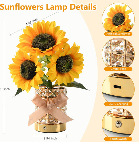 3-Colour Dimming 3 Handmade Sunflower Lamp, Rechargeable Cordless Touch Table Lamp, Infinitely Small Night Light
