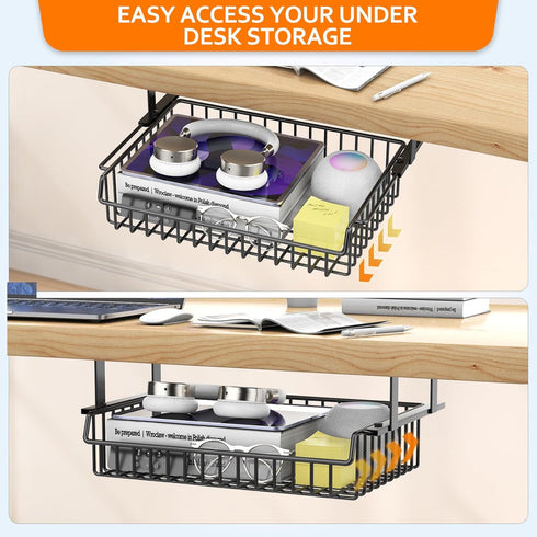 Under Desk Drawer with Slide Out Design, No Drill Metal Cable Management Shelf Tray Basket for Office, Home, Workspace