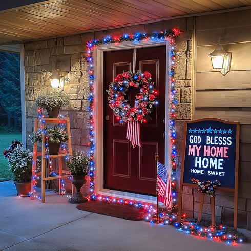 250 4th 91.5ft 8 JMEXSUSS LED Red White and Blue Lights for of July Decorations - Connectable Patriotic Lights Outdoor