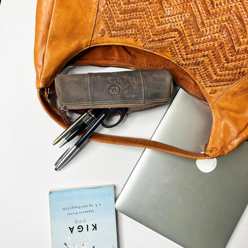 Full Grain Leather Zippered Pencil Case - Rustic Town Pen Holder for Office Use