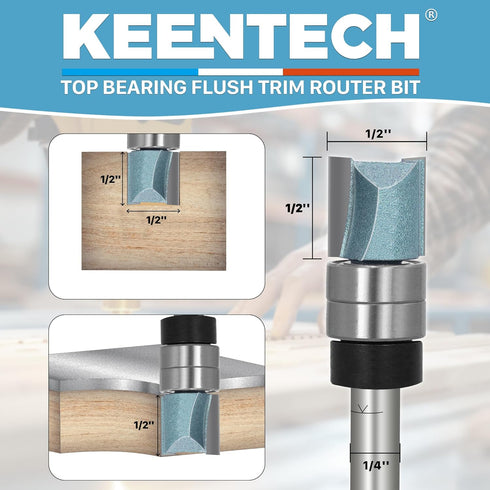 1/4" Wood,1/4"(Shank)*1/2"(Dia.)*1/2"(Depth) KEENTECH Router Bits Shank, Flush Trim Router Bit, Top Bearing Carbide