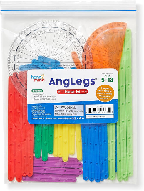 hand2mind AngLegs Starter Set with 2 Protractors, Geometry Manipulatives, Geometric Shapes for Classroom,