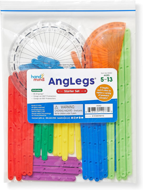 hand2mind AngLegs Starter Set with 2 Protractors, Geometry Manipulatives, Geometric Shapes for Classroom,