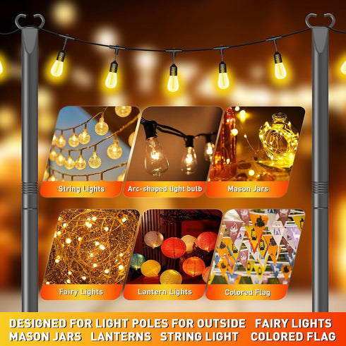 JYTOBN 10Ft 2 Pack,Poles String Light Poles for Outdoor String Lights with Fork and Fence Clamp,Hanging Lights Metal