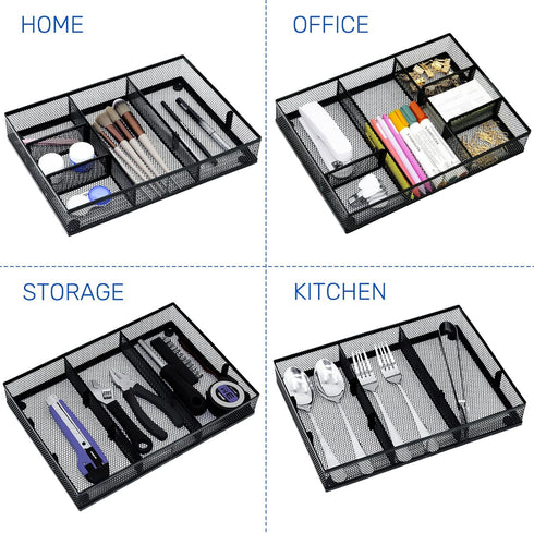 Desk Drawer Organizer with 6 Adjustable Dividers, Metal Pen Organizer for Office Supplies (Pack 4, Black)