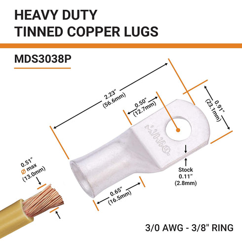 SELTERM 10pcs 3/0 AWG-3/8" Stud Tinned Copper Wire Lugs, Heavy Duty Battery Cable Ends, UL Battery Connectors
