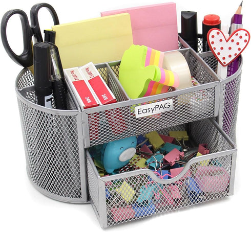 EasyPAG Mesh Desktop Organizer, Multi-functional Caddy with Drawer, Silver