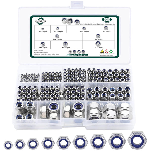 JMINRUN Metric Nylon Insert Lock Nut Assortment Kit, 530PCS Stainless Steel Standard Thread
