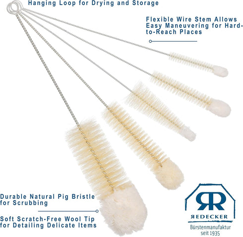 REDECKER Pig Bristle and Wool Tip Bottle Cleaning Brush Set, Made in Germany, Set of 5, Various Sizes
