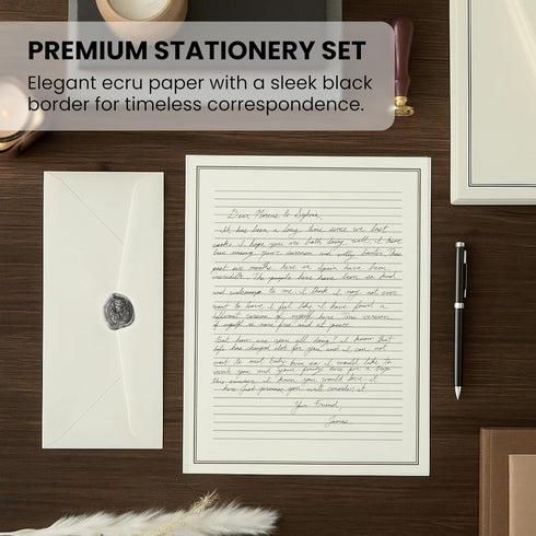 Set 48 8.5x11 Inch 24 Premium Letter Writing Stationery with Envelopes Sheets of Ecru Paper with Black Border & Writing
