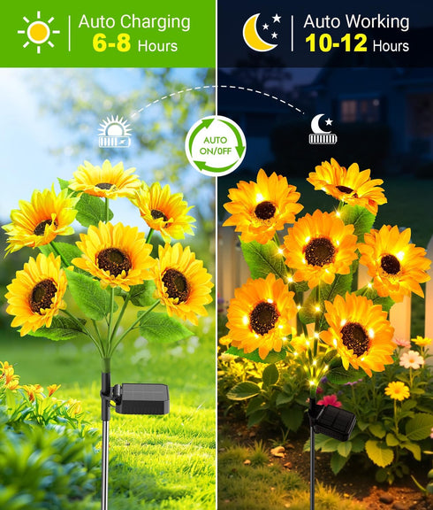 4Pack 24 IP65 LETMY Solar Lights Outdoor Garden Decor, Upgraded Solar Garden Lights with Sunflower Lights, Solar