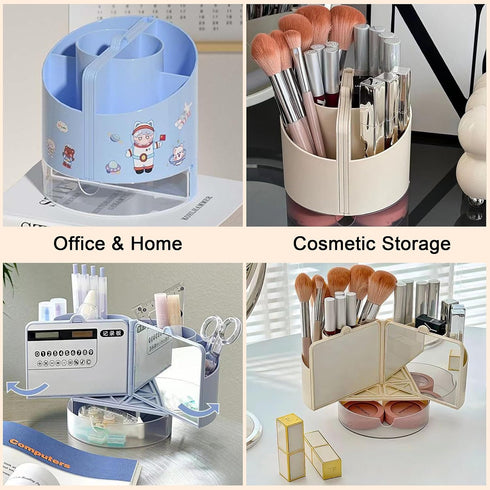 Pencil Pen Holder for Desk with Calculator, Mirror, 7 Slots, 180° Opening, Desktop Storage for Office, School, Home