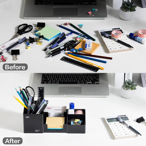 deli Plastic Desk Organizer with Pencil Holder and Sticky Note Tray, 6 Compartments for Office Supplies