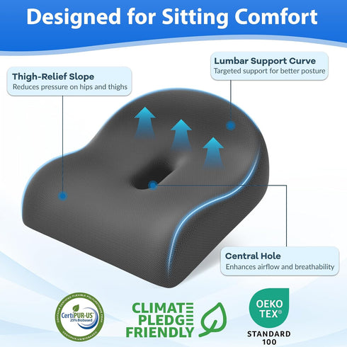 DownyCloud Tailbone, Seat Cushion for Pressure Relief - Ergonomic Home & Office Chair Cushions for Hip, Sciatica