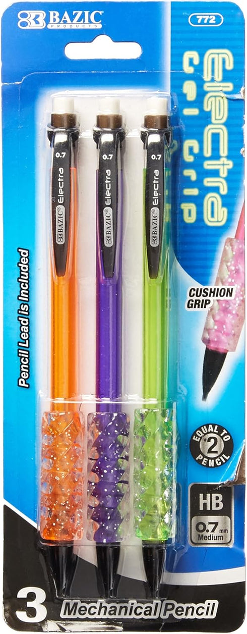 BAZIC Electra 0.7 mm Fashion Color Mechanical Pencil with Gel Grip (Pack of 3)