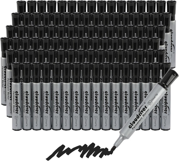 cloudriver Permanent Markers, 96 Count Black Permanent Marker Bulk Set, Chisel Tip, Quick Drying Ink