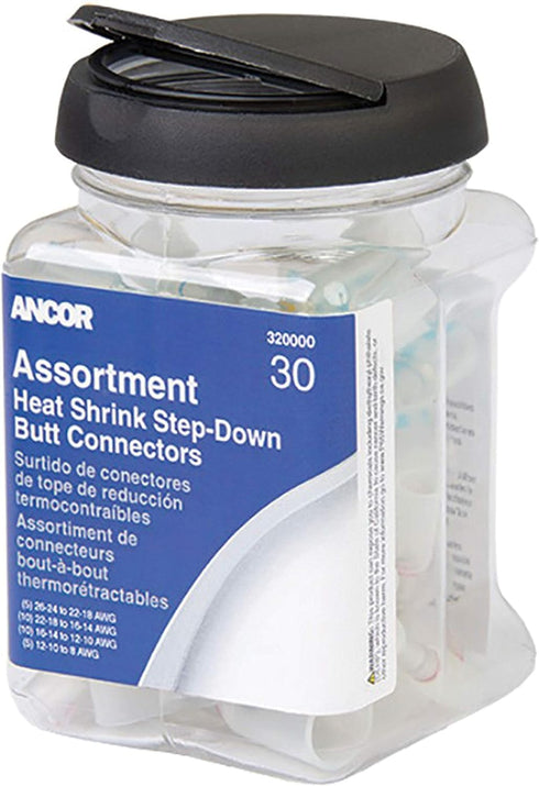 Ancor 320000 Heat Shrink Butt Connector Assortment - Step-Down, 24-8 AWG, 30 pcs Jar