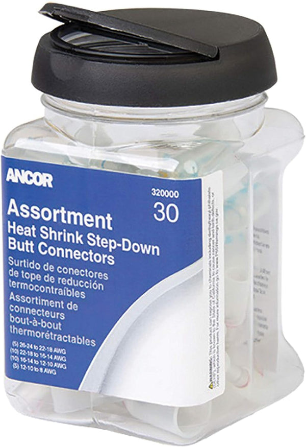 Ancor 320000 Heat Shrink Butt Connector Assortment - Step-Down, 24-8 AWG, 30 pcs Jar