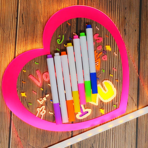 ENUOLI Acrylic Dry Erase Board with Light Pink Heart, LED Message Board with Stand for Desk, 7 Pens for Home & Wedding