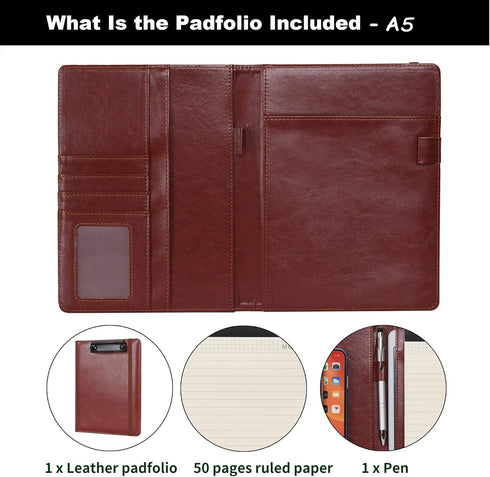 Wonderpool A5 PU Leather Clipboard Portfolio Recipe Binder Notepad Holders - Document Case for Office Travel (A5, Brown)