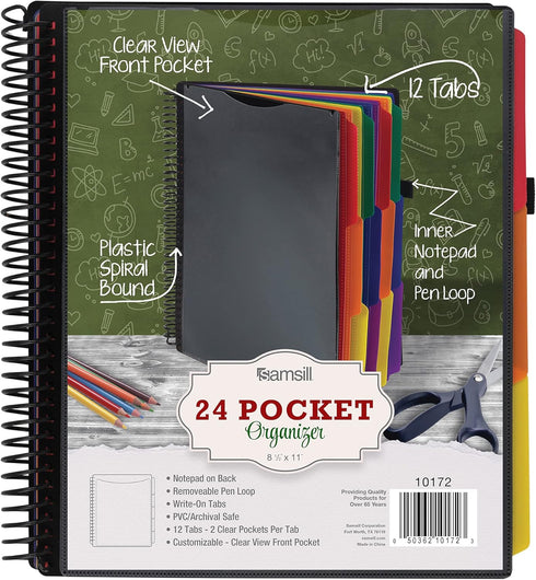 Samsill Deluxe 24 Pocket Spiral Project Folder, 12 Dividers, Customizable Front Cover, Multi Colors Plastic Folders