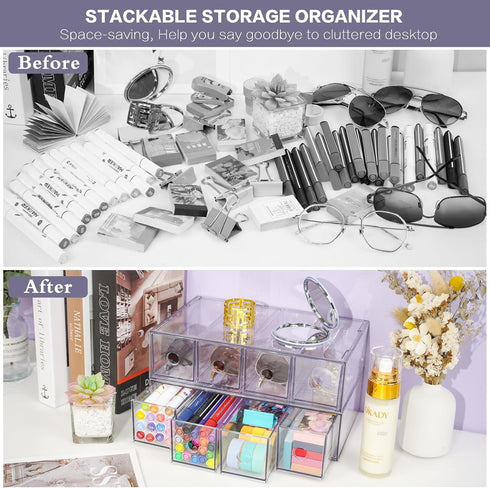 Desk Organizer with 8 Drawers, FODIENS 2 Packs Stackable Desktop Storage Box for Stationery Marker Pens