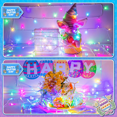 cshare 16.4ft 50LED Easter String Lights Battery Operated, Pastel Easter Lights with Timer White Wire Fairy Lights