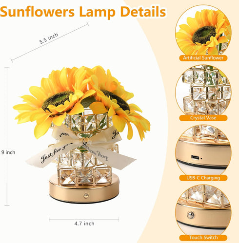 3-Colour Dimming 2 Handmade Sunflower Lamp, Rechargeable Cordless Touch Table Lamp, Infinitely Small Night Light