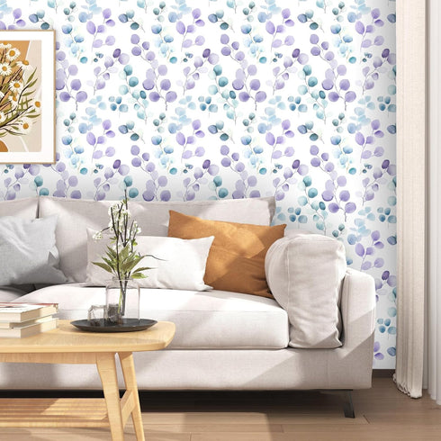 17.5" 393", Laatse Purple Leaf Wallpaper Peel and Stick, Blue Eucalyptus Contact Paper x Modern Botanical Wall Paper