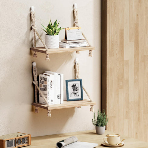 YOYUTOX 2 Pack 11.8" Fabric Wall Cubicle Shelf, Wooden Hanging Cubicle Shelf Organizer with Hooks, Dual Mounting