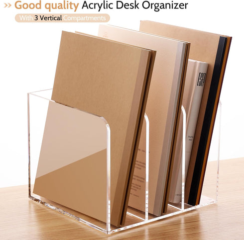 Clear Acrylic Magazine Holder, One-Piece File Organizer for Office Desk, 3 Vertical Spaces, 1 Pack (B5)