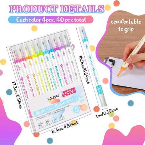 Zhehao Erasable Highlighters Bulk Double Head Smooth Writing Highlighters Assorted Colors Pastel Highlighter Erasable Markers Double Head Liquid Highlighters Pens for School, Design(40 Pcs) by Zhehao