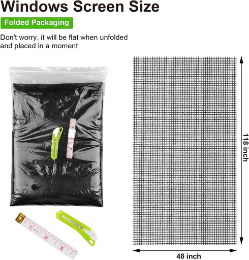 Replacement Window Screens, 48X118 Inch Durable Window Screen Mesh for Patio Porch Door Windows, DIY Adjustable Fiberglass Screen Repair Kit Sliding Net Roll Pet, Black by Ouskr