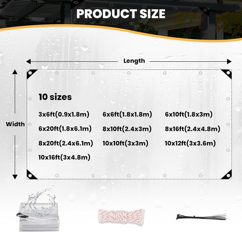 10' 12' Grommets&Reinforced x Clear Vinyl Tarp Clear Tarps Heavy Duty Waterproof UV Resistant Glass Tarps Transparent