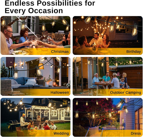 48FT, 15 Bulbs Warmlight East Oak Outdoor String Lights LED Patio String Lights Waterproof with Shatterproof Vintage