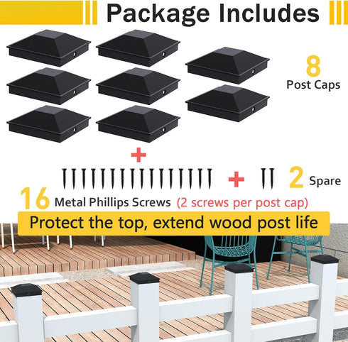 4x4 Post Caps Black(Actual 3.5" x 3.5"), 8 Pack Fence Post Caps with 16 Screws and Easy Installation, Sturdy Waterproof Plastic Deck Post Caps with Frosted Finishing Touch, Protect Wood Post