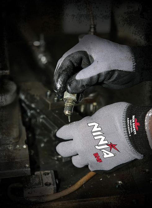 MCR Safety N96790XL Ninja BNF Work Gloves - 15 Gauge Nylon/Spandex Shell, NFT Coated Palm & Fingertips, Black/Grey, XL