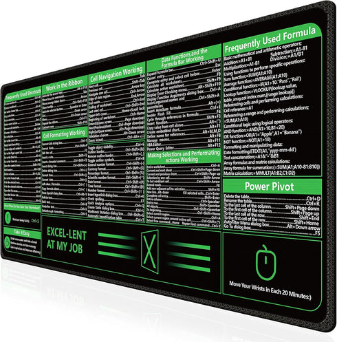 iCasso Excel Cheat Sheet Desk Pad, Extended Large XXL Non-Slip Mousepad with Stitched Edges for Computer (Black)