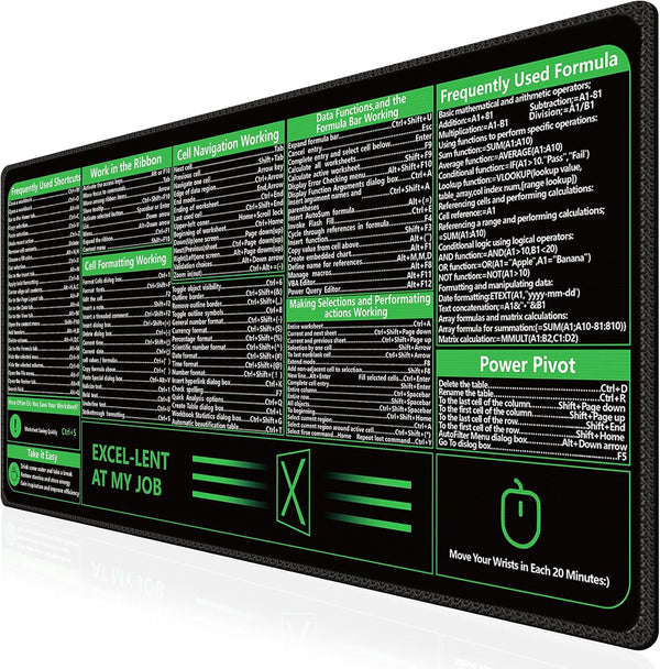 iCasso Excel Cheat Sheet Desk Pad, Extended Large XXL Non-Slip Mousepad with Stitched Edges for Computer (Black)