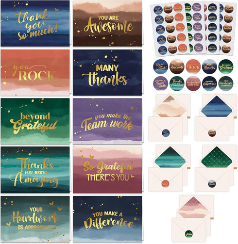 Decorably 50 Pack Gold Foiled 6x4in Watercolor Employee Appreciation Cards with Envelopes