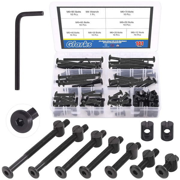 Glarks 141Pcs Baby Bed Crib Screws Hardware Replacement Kit, M6x20/ 30/40/ 50/60/ 70/