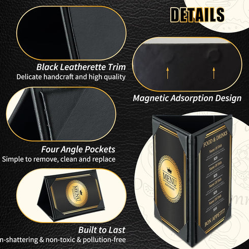 4" 6", 12 Pack 3-Side Table Tent Triangle Menu Holders x Leatherette Picture Frames, Menu Cover with Angled Corners