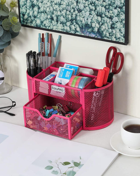 EasyPAG Desk Organizer, Mesh Desktop Office Supplies Caddy with Drawer, Pink