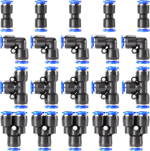 TAILONZ Pneumatic 1/2 Inch OD Push to Connect Fittings Kit, 5 Splitters + 5 Elbows + 5 Tee + 5 Straight (20 Pcs)