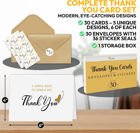 Set 30 Pack, 6 4 Bulk Thank You Cards with Envelopes and Stickers - x in Blank Simple Thank You Notes - Minimalist Box