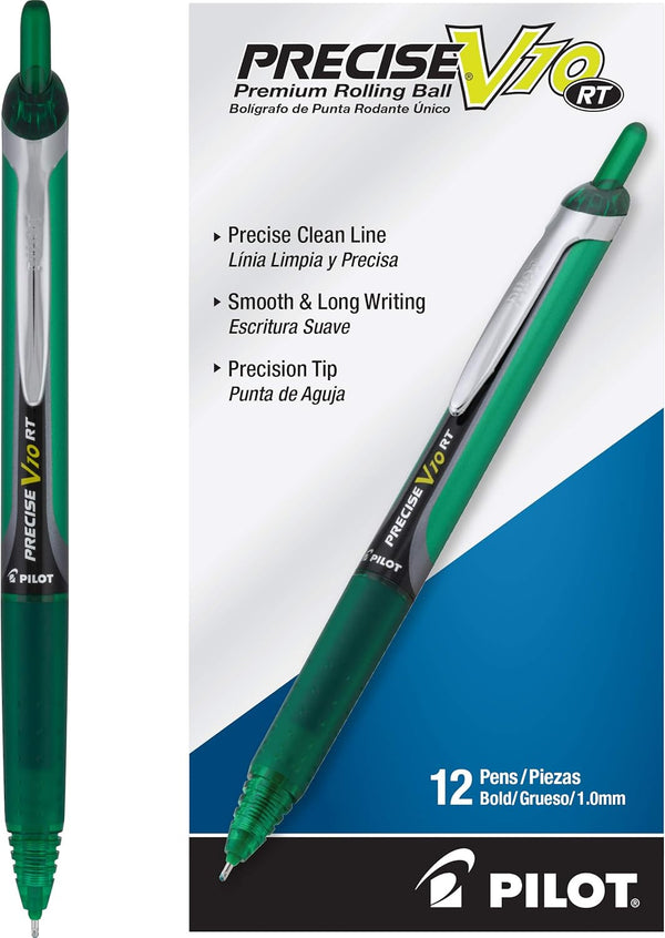 Pilot Precise V10 RT Refillable & Retractable Rolling Ball Pens, Bold Point 1 mm, Green, Pack of 12