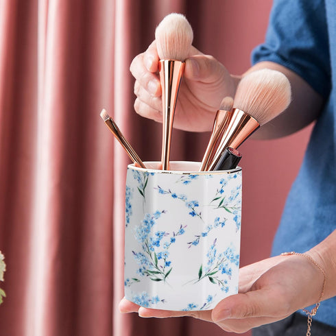 Pencil Holder for Desk Organizer, Ceramic Floral Pattern Storage for Writing Utensils, Makeup Brush Holder - Blue